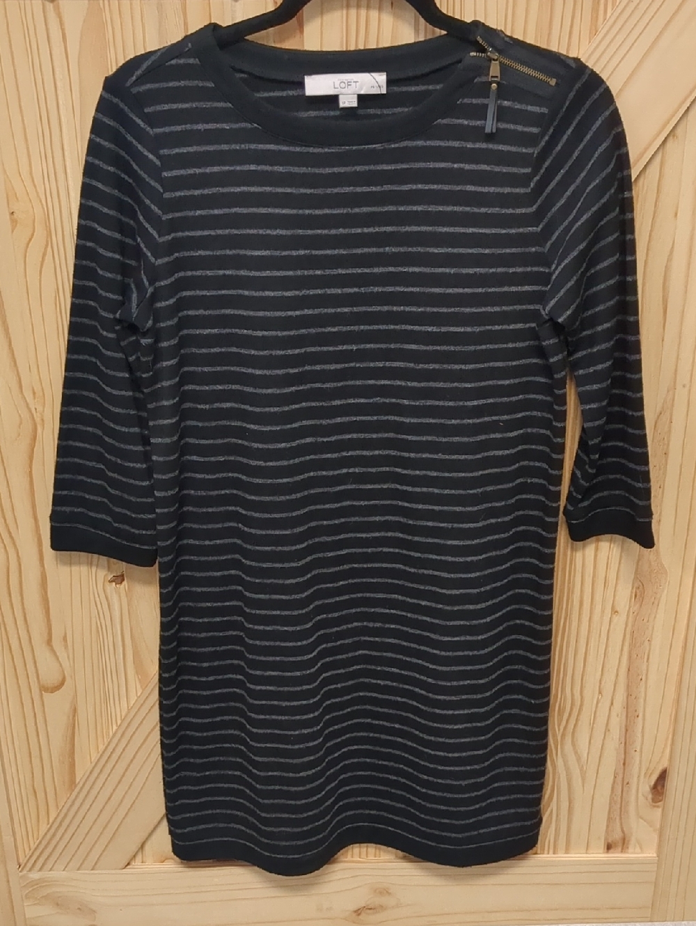 LOFT Black & Gray Striped Knit Shift Dress with Shoulder Zip